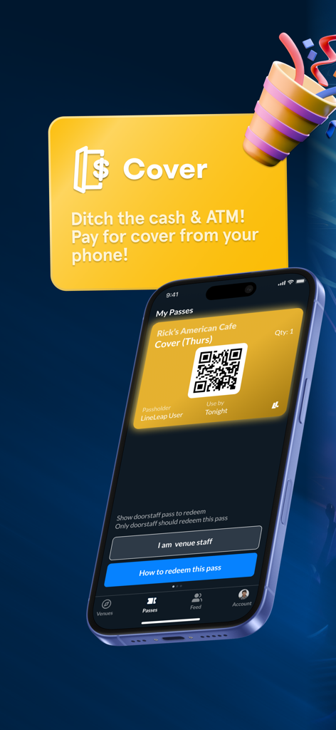 A smartphone showing a digital cover pass with a QR code in the LineLeap app