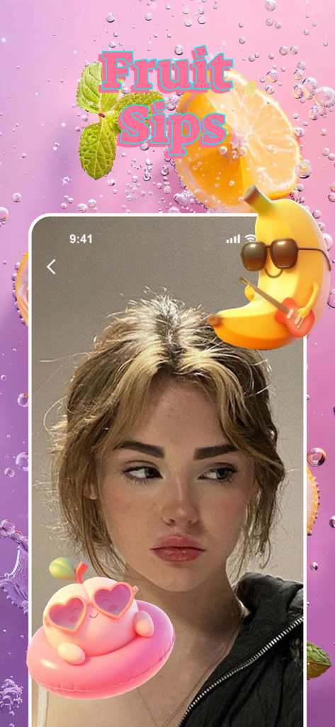 Cagic：Adult Enjoy Chat，Connect - La selfie de una joven mostrada dentro del marco de un teléfono móvil decorado con pegatinas animadas de frutas y el texto Fruit Sips sobre un fondo rosa burbujeante