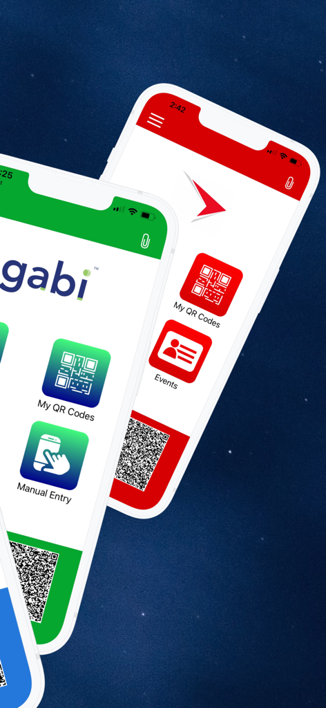 Multiple smartphone screens showing Visione Scan app features including QR codes and event management