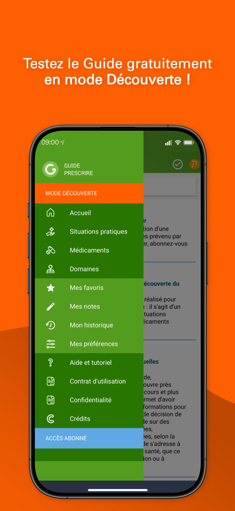 Guide Prescrire - Side navigation menu of the Guide Prescrire medical application