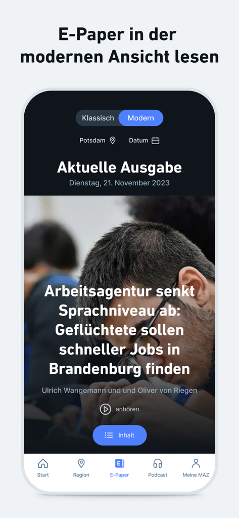 MAZ - Nachrichten und Podcast - Screenshot der MAZ News App, die die moderne E-Paper-Oberfläche mit einer Schlagzeile über Arbeitsplätze in Brandenburg zeigt.