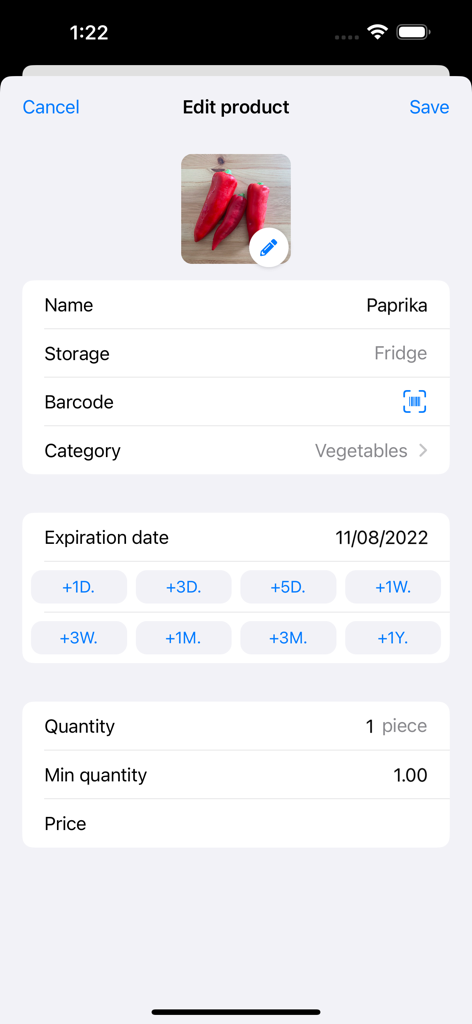 FoodShiner: Pantry Companion - 赤パプリカの賞味期限、保管場所、数量を含む食品アイテムの詳細を編集するためのモバイルインターフェース