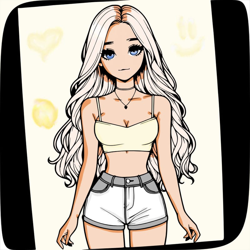 a realistic girl with long hair and in a crop top and shprts