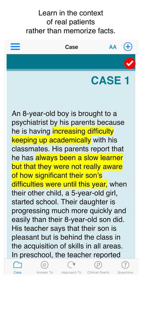 Psychiatry clinical case study vignette on Case Files mobile app interface