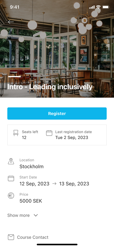 Learnster U - Interface do aplicativo móvel Learnster U exibindo detalhes de registro para um curso de Liderança Inclusiva, incluindo preço e datas.