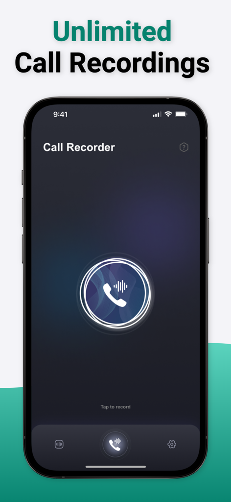 Phone Call Recorder ° TapeCall - iPhone-Bildschirm, der die Benutzeroberfläche der TapeCall-App für unbegrenzte Anrufaufzeichnungen anzeigt
