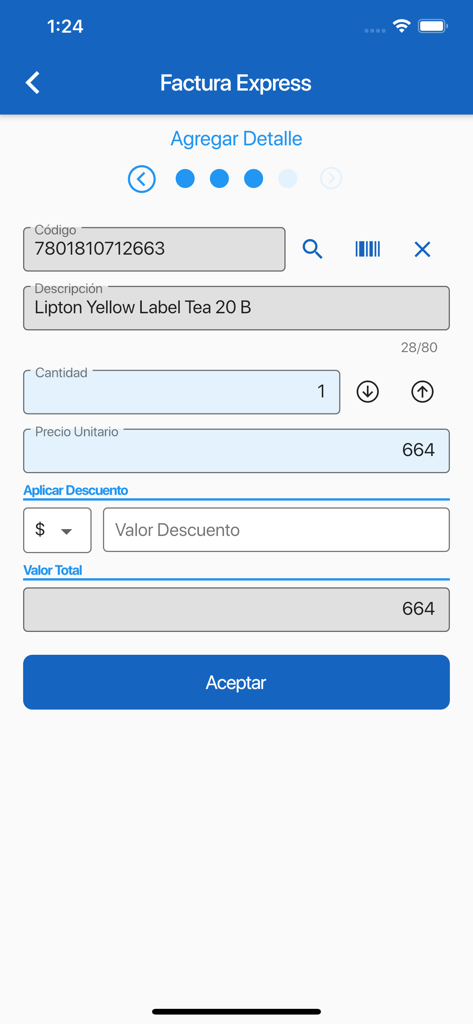 Facturacion.cl - Pantalla móvil que muestra un formulario para agregar detalles del artículo como descripción, cantidad y precio a una factura digital.