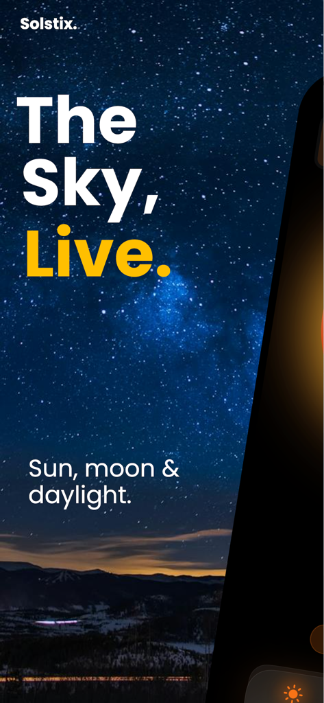 Solstix - Promotional screen for the Solstix app featuring a starry night sky over mountains and the text The Sky Live Sun moon and daylight