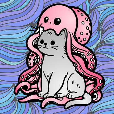 cat sitting down wearing an octopus hat with the octopus tentacles falling on the side of it’s body