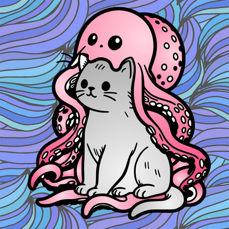cat sitting down wearing an octopus hat with the octopus tentacles falling on the side of it’s body