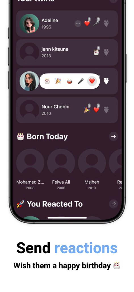 Twiny - Find your twins - A screenshot of the Twiny app interface for sending birthday reactions and wishing happy birthday to others