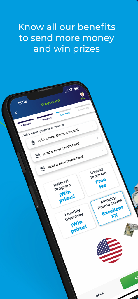 Amigo Paisano app screen showing payment options and promotional benefits like prizes and free fees