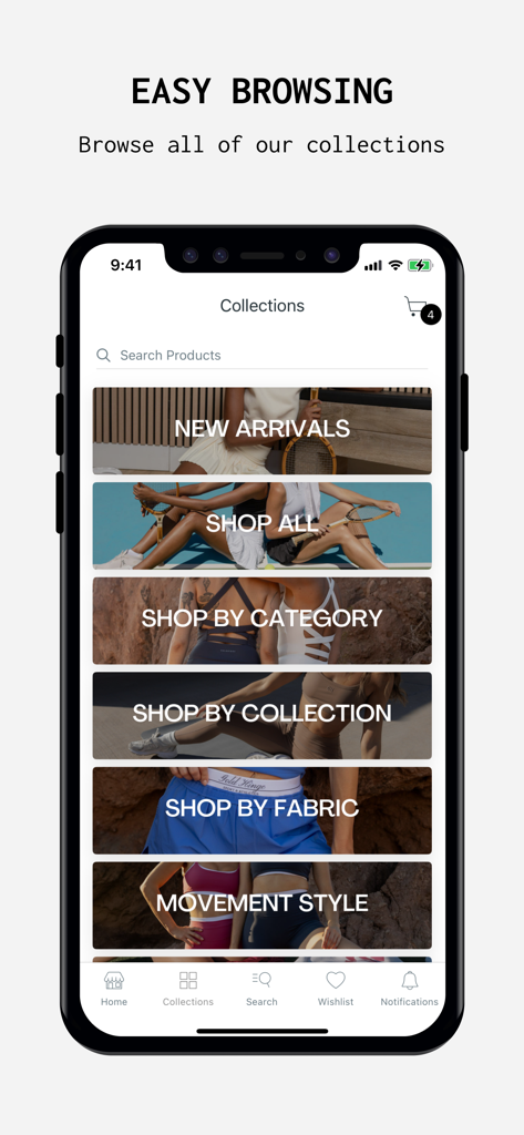 Gold Hinge - Pantalla de la app móvil Gold Hinge mostrando categorías de compras como Nuevas Llegadas y Estilo de Movimiento para ropa deportiva femenina