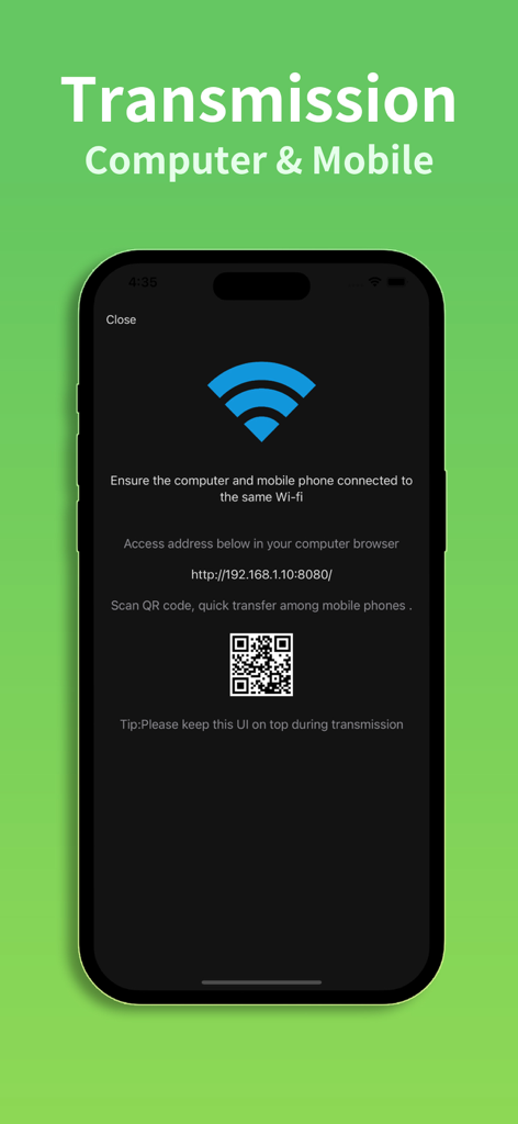 Any MP3 Converter -Extract MP3 - Any MP3 Converter app interface showing Wi-Fi transmission feature for transferring files between computer and mobile devices