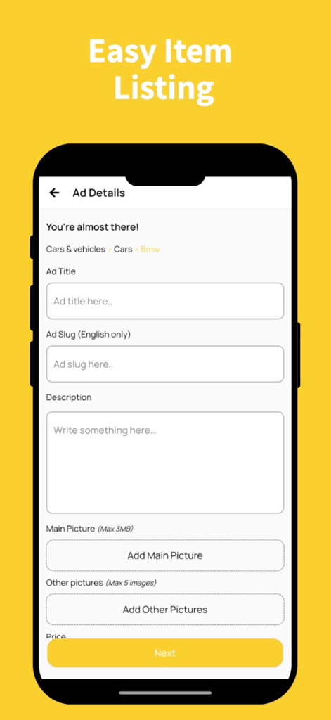 Lynk app interface for listing an item showing the ad details form with fields for title description and photos