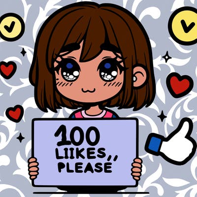 a girl with a sign saying 100 likes, please