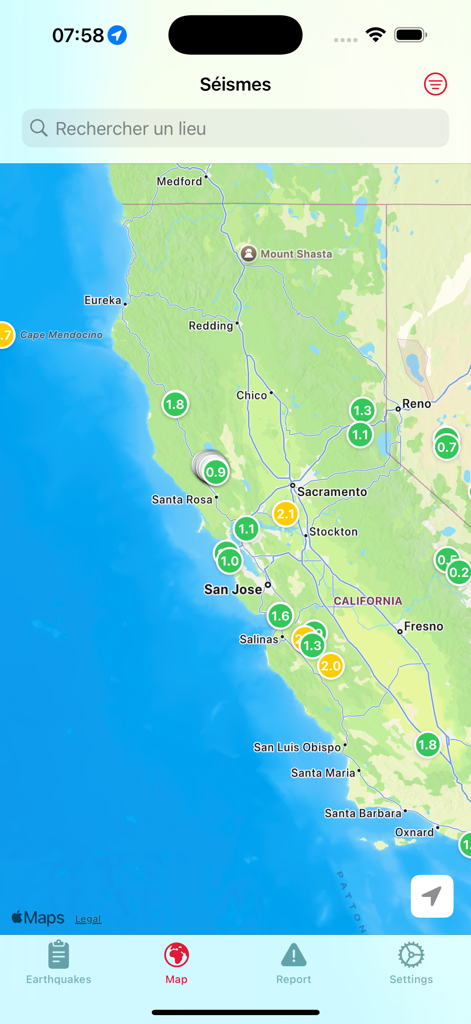 Earthquake Alerts Map for USGS - Mapa interactivo de terremotos que muestra la actividad sísmica y las magnitudes en California.