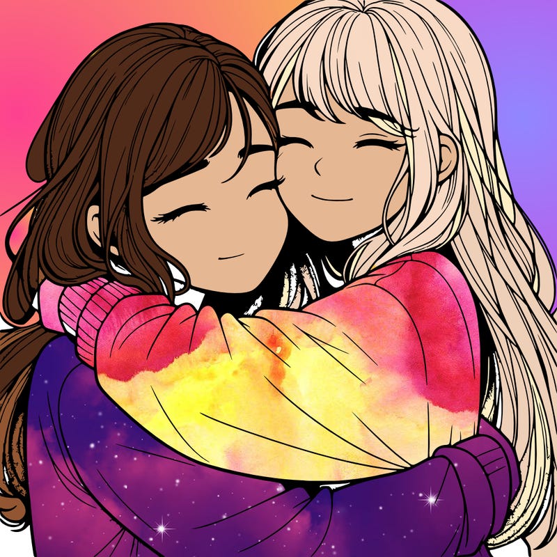realistic two girls hugging