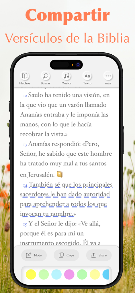 Smartphone screen showing the Santa Biblia Reina Valera 1960 app interface with Bible verse highlighting and sharing options