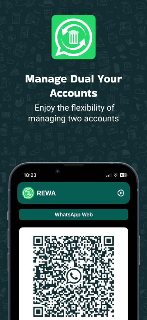 REWA: Backup Messages Pro - Interfaz de la aplicación REWA que muestra un código QR para gestionar cuentas de mensajería duales en un iPhone