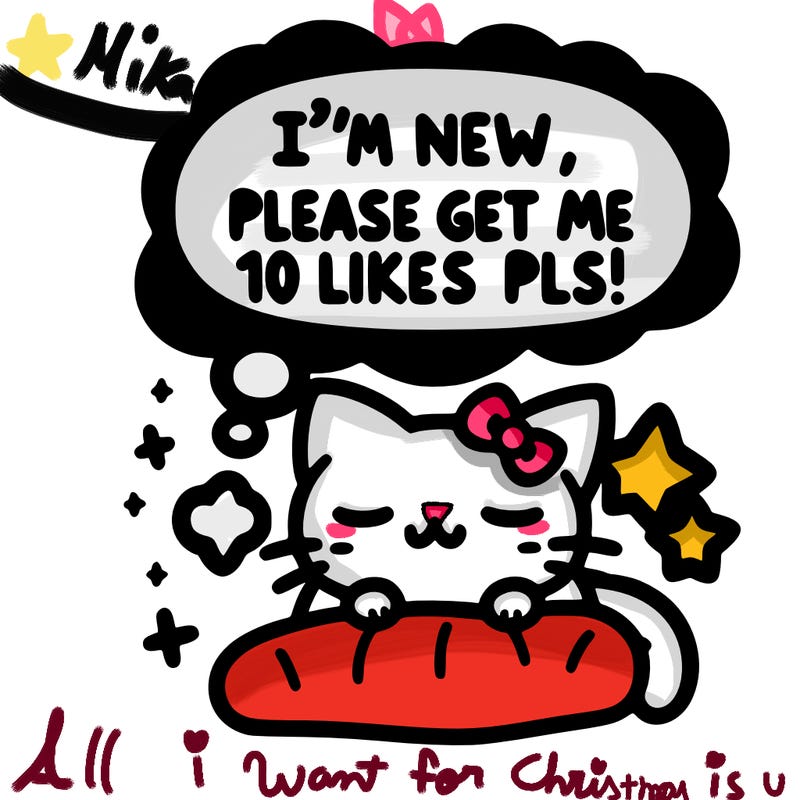 kitty taking a nap dream talking and saying "i'm new, please get me at least 10 likes pls!!"