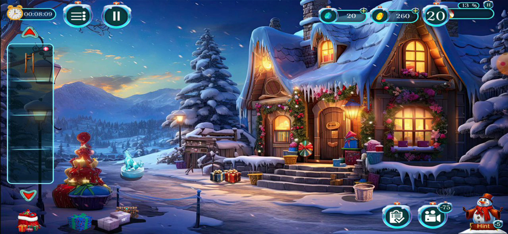 Point and click hidden object scene in a snowy winter village with a festive cottage