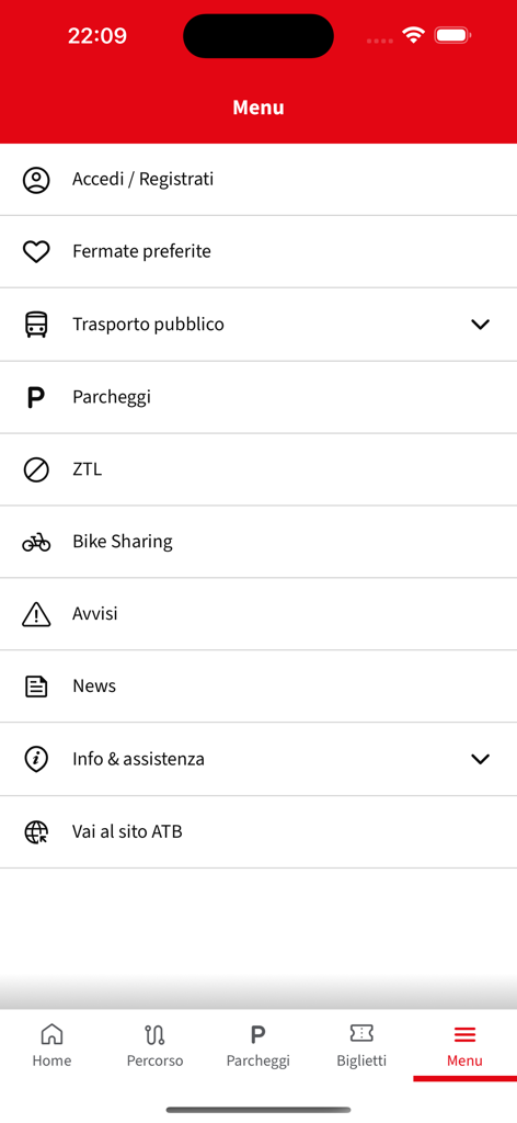 ATB Mobile - The main menu screen of the ATB Mobile app showing navigation options for public transport parking and restricted traffic zones