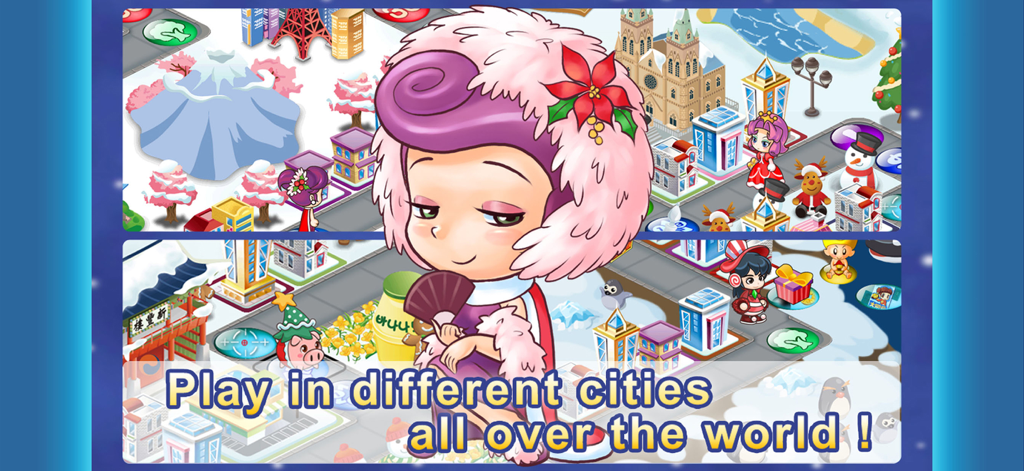 A cute Chibi character in front of international game board cities in Richman 4 Fun
