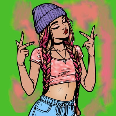 realistic teenage girl with braids and a beanie and crop top doing 🫶🏼