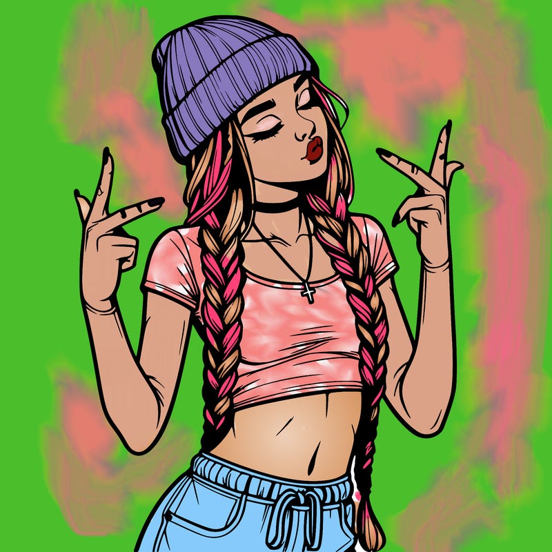 realistic teenage girl with braids and a beanie and crop top doing 🫶🏼