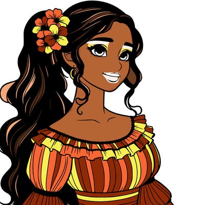 a single latina woman with a side ponytail and a long dress with ruffles. she has a few discreet flowers in her hair. realistic