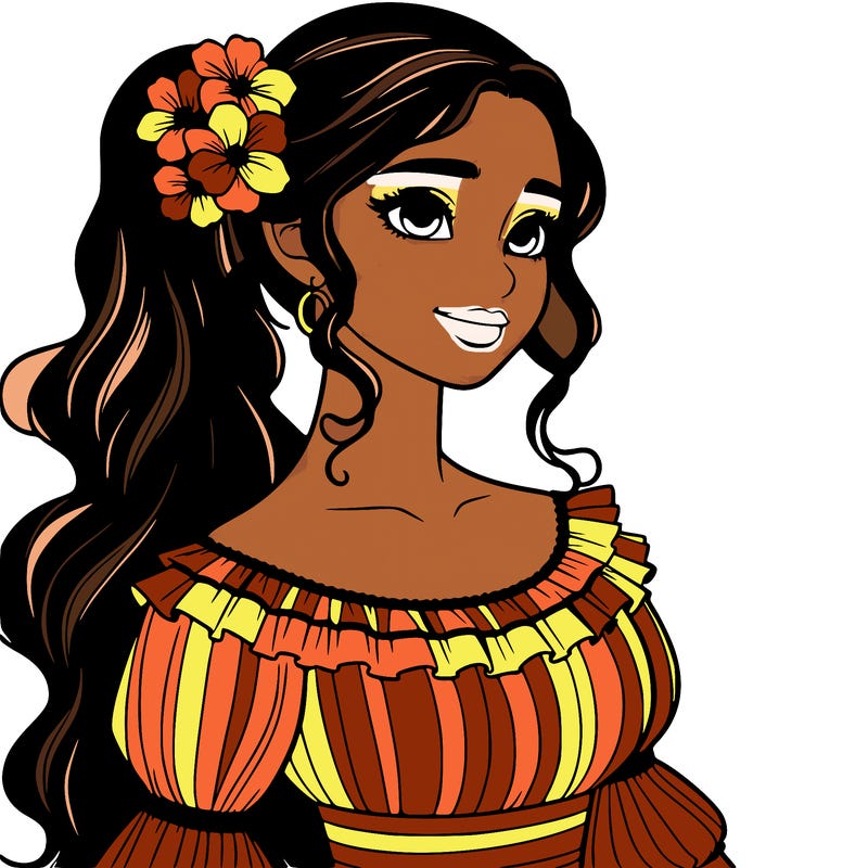a single latina woman with a side ponytail and a long dress with ruffles. she has a few discreet flowers in her hair. realistic