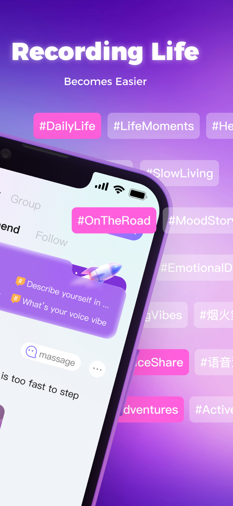 UCOO-Real-Time Voice - Interface of UCOO app showing life logging features and social hashtags like Daily Life and Life Moments