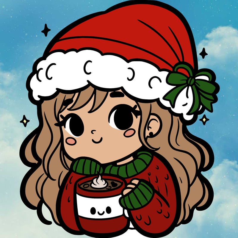 a girl with a santa hat and hot chocolate in a mug
