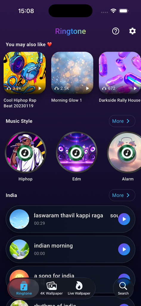 Sounds & Live Wallpapers - Tela de seleção de toque do aplicativo Sons e Papéis de Parede Animados, mostrando estilos musicais como Hiphop e Edm