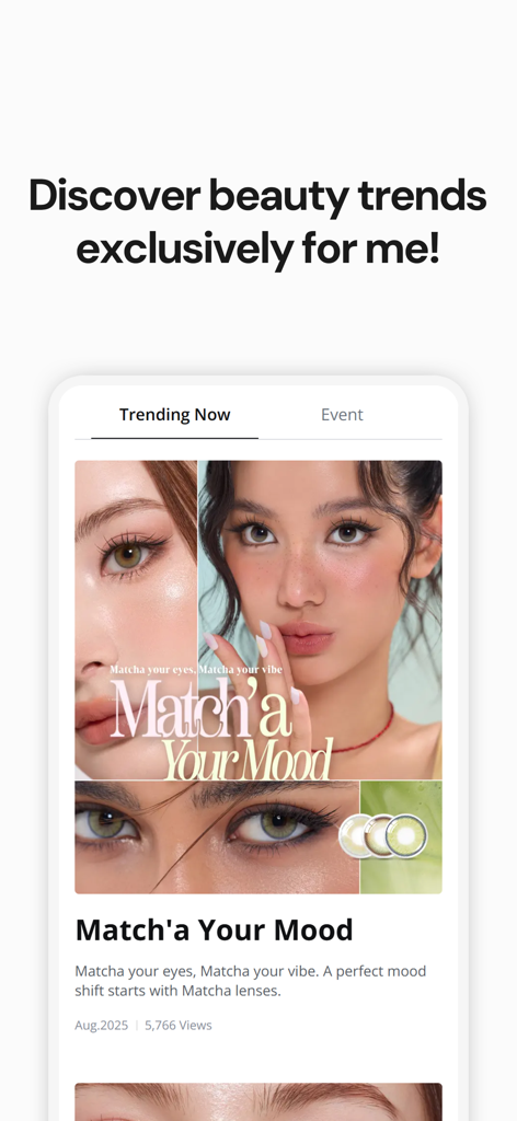 OLENS - 트렌디한 뷰티 스타일과 말차 컬러 렌즈를 보여주는 OLENS 앱 인터페이스