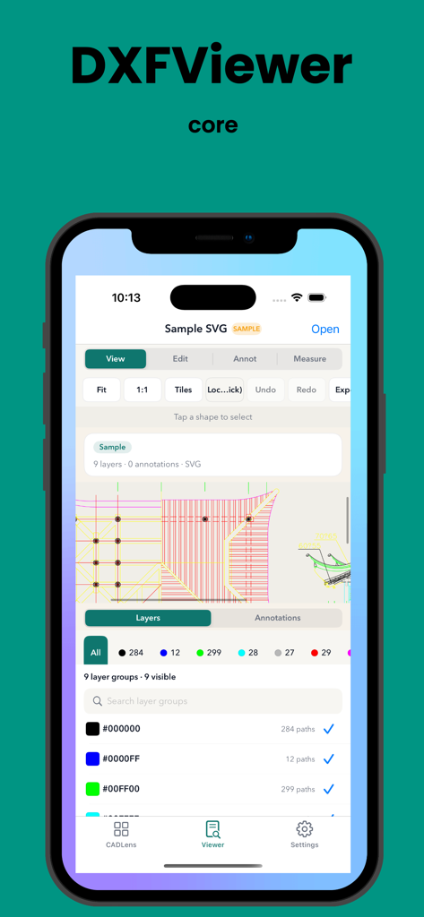 DXFViewer - Um smartphone exibindo a interface do aplicativo DXFViewer com um desenho CAD técnico e um painel detalhado de gerenciamento de camadas.