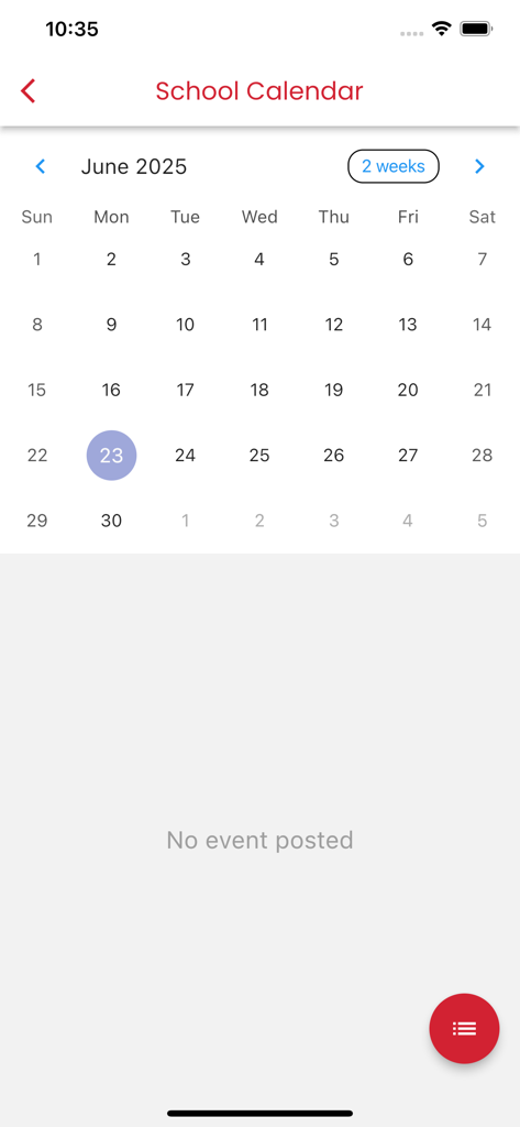 TRA Mobile Application - 2025년 6월 학교 캘린더를 보여주는 TRA 모바일 애플리케이션의 스크린샷
