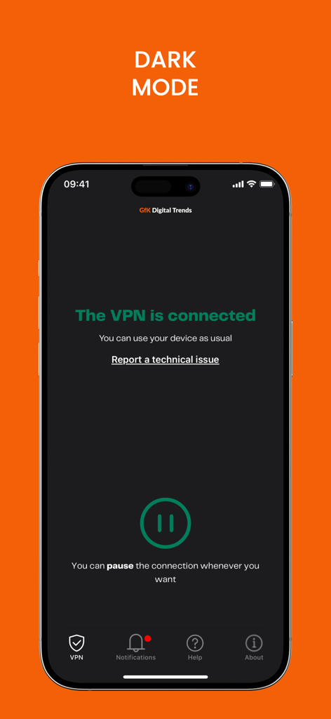 Digital Trends - Interface de l'application GfK Tendances Numériques montrant un état de connexion VPN en mode sombre