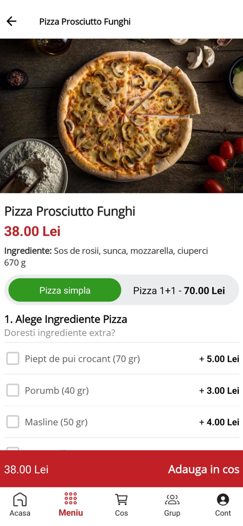 Página do item de menu para Pizza Prosciutto Funghi no aplicativo de entrega de comida Big Belly Cluj