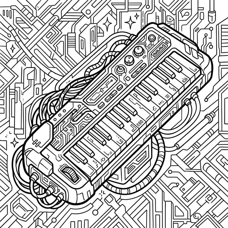 Unleash your creativity with this striking coloring page featuring a futuristic melodica, reimagined with cutting-edge cyberpunk aesthetics. Immerse yourself in a world of intricate circuitry and neon-inspired designs, perfect for a high-tech coloring journey.