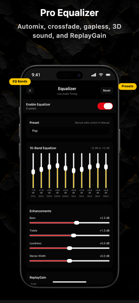 Offline MP3 Cloud Music Player - Pantalla de iPhone que muestra el ecualizador de 10 bandas y la configuración de mejora de audio en la aplicación OfflineTunes.