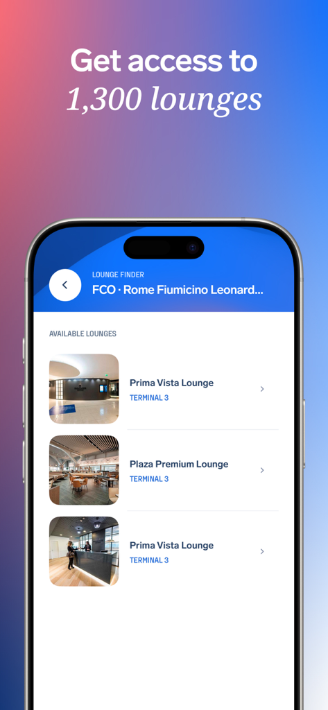 AirHelp・Flight Tracker & Claim - Interfaccia dell'app AirHelp che mostra la funzione Lounge Finder con un elenco di lounge aeroportuali disponibili al Terminal 3 di Roma Fiumicino.