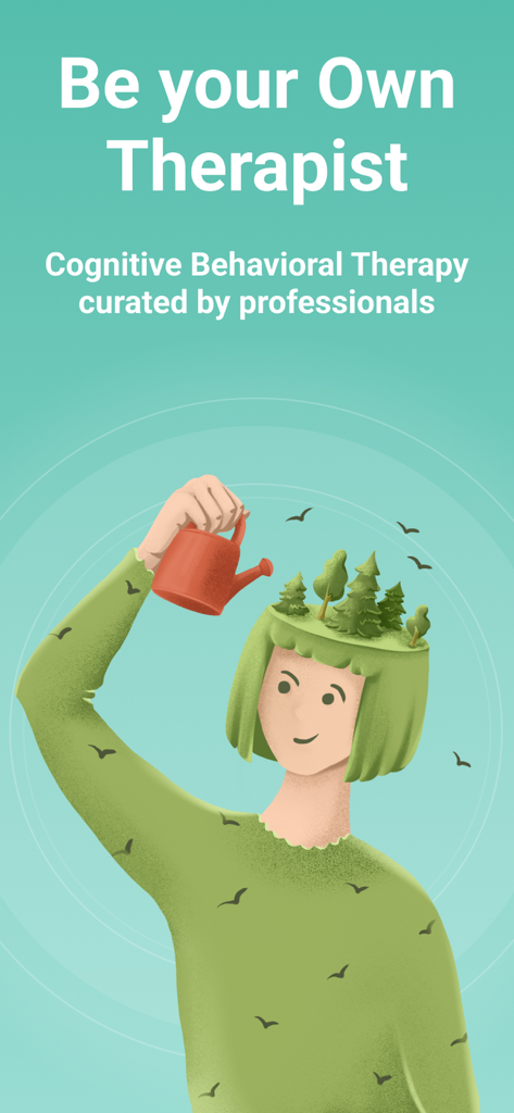 UpLife: CBT Therapy, Self-Care - An illustration of a woman watering a forest growing on her head with the text Be your Own Therapist and Cognitive Behavioral Therapy curated by professionals