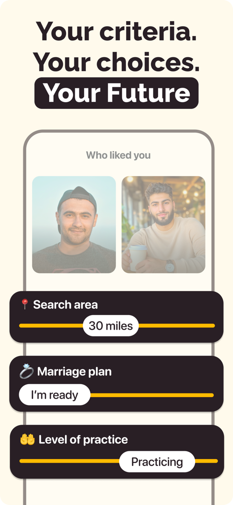 Interface de l'application InshAllah montrant les filtres de recherche pour les projets de mariage, le niveau de pratique religieuse et la distance