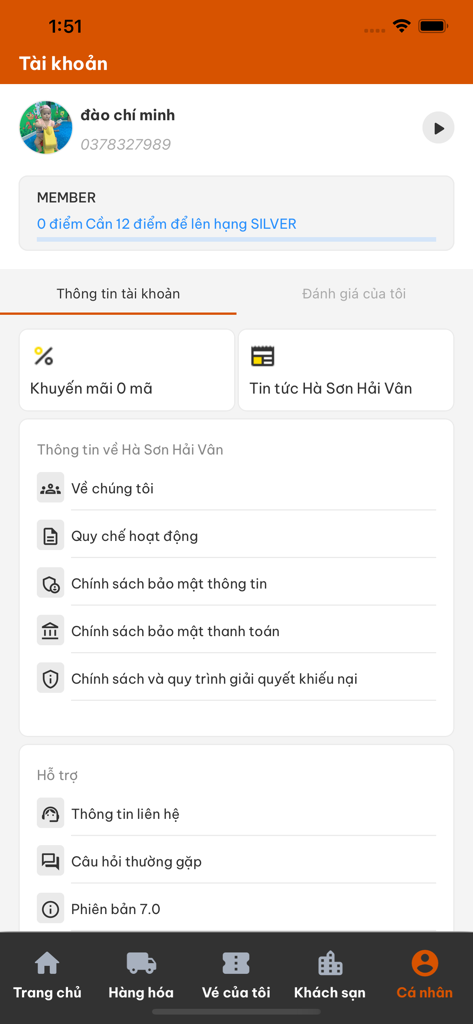 Futa Hà Sơn - User account profile screen of the Futa Ha Son app showing member status and loyalty points