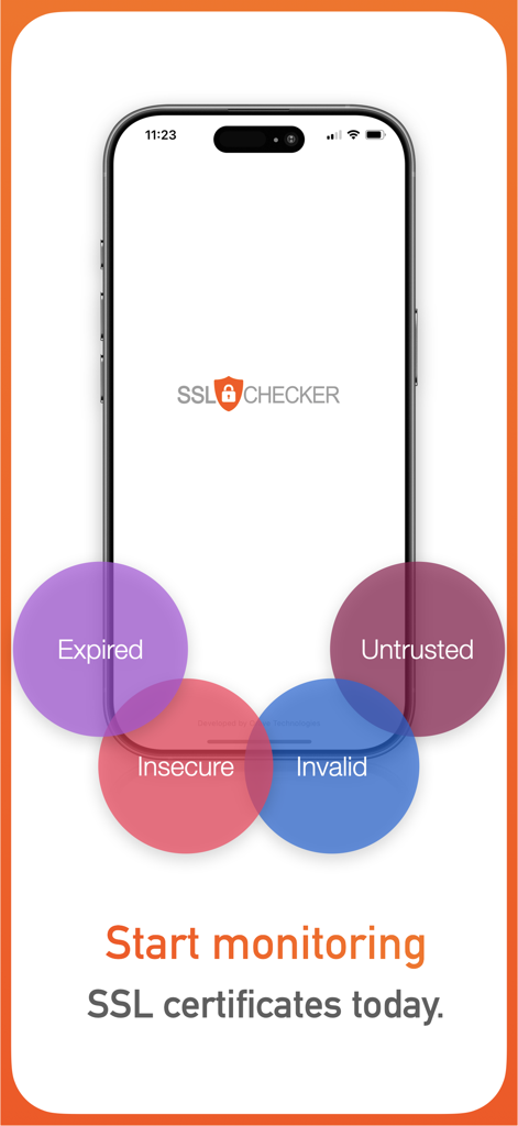 SSL Checker mobile app displaying certificate security status categories like Expired and Untrusted