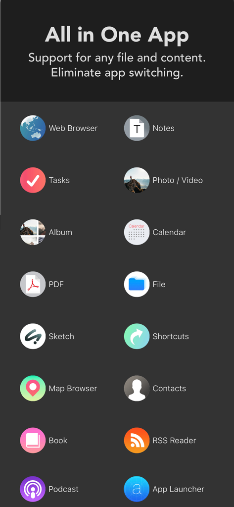 A list of integrated app features in Inclr including web browser, notes, tasks, and calendar to eliminate app switching.