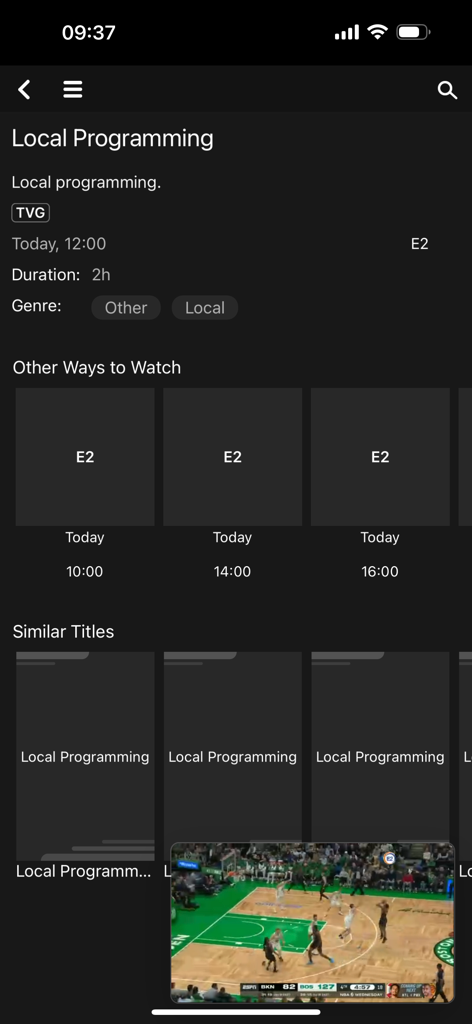 ENet TV - ENet TV app interface showing local programming details and a live sports broadcast in picture in picture mode