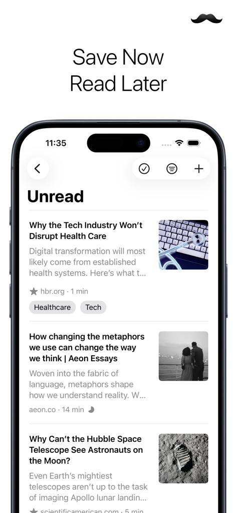 Stache: Save Now, Read Later - Stache app unread articles list showing saved web content with titles and thumbnails